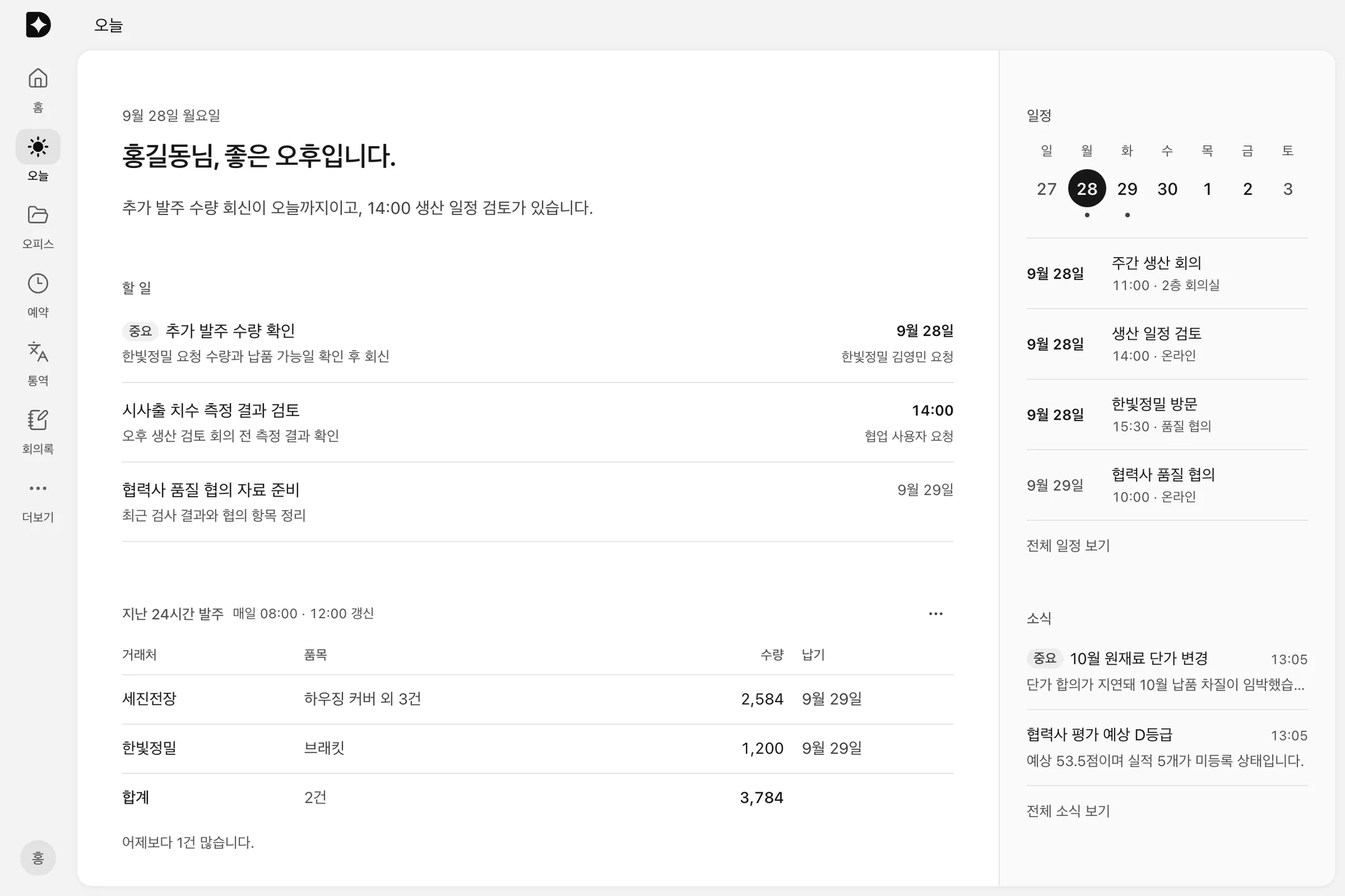두모 AI 오늘: 인사와 브리핑, 할 일, 지난 24시간 발주 위젯, 일정과 소식
